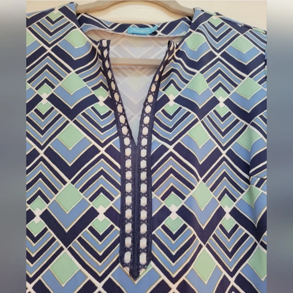 J. McLaughlin Catalina Cloth Tunic Top Women's Small Blue Green Split Neck Shirt - Picture 2 of 8
